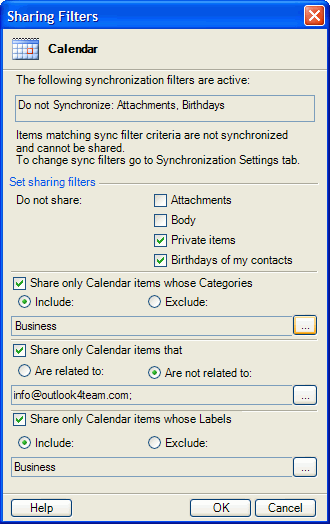 Microsoft Outlook Calendar sharing filters