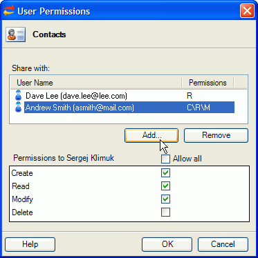 Outlook Contacts shared folders permissions