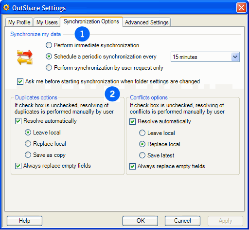 OutShare Sync Outlook options